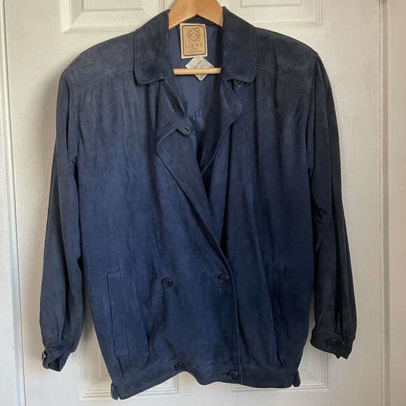 Loewe navy suede double breasted jacket and skirt matching set Vintage Womens 40 - Picture 1 of 16